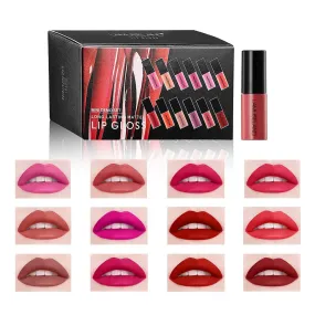 12Pcs Travel Suit Waterproof Long Lasting Matte Lip Gloss Sample Size Liquid Lipstick Black