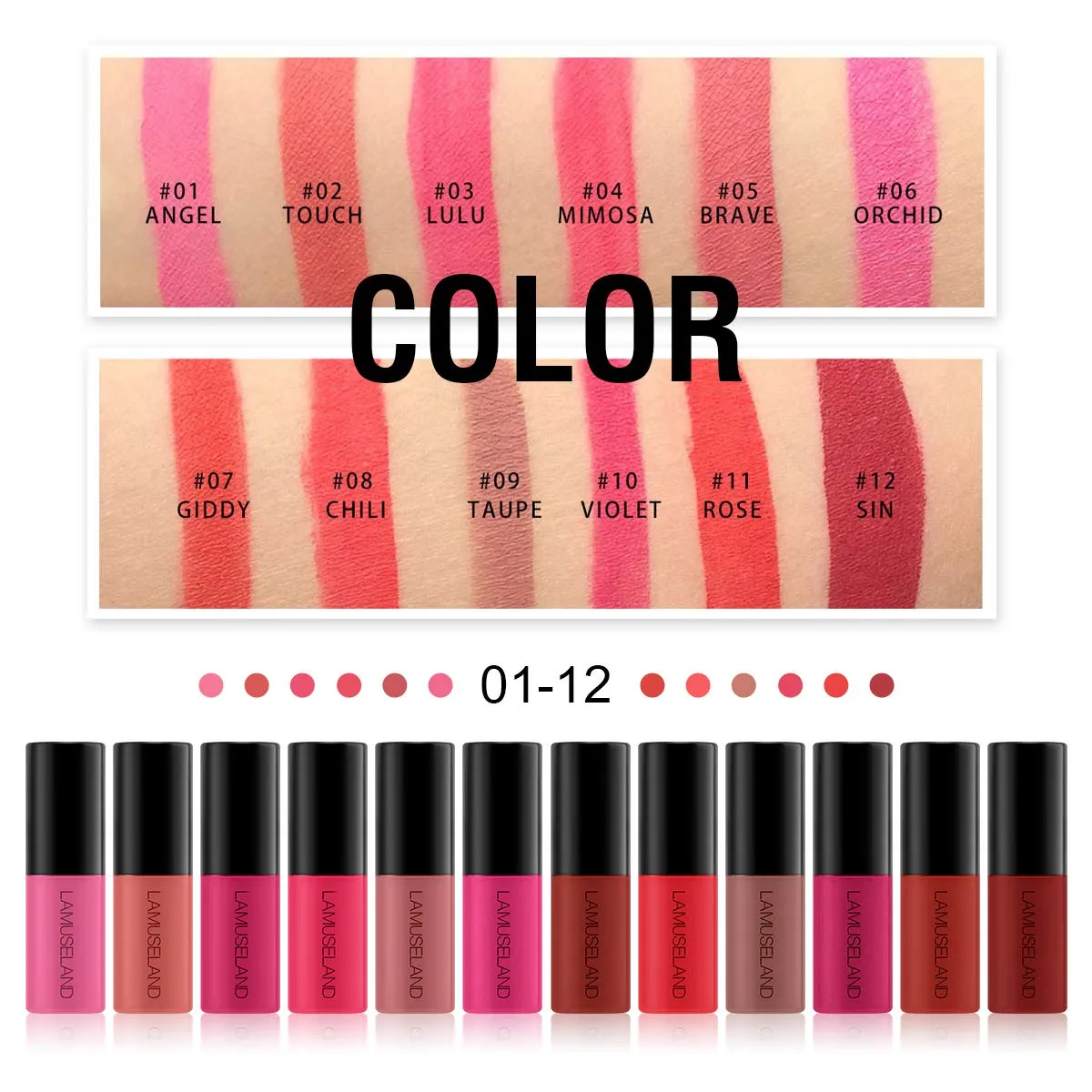 12Pcs Travel Suit Waterproof Long Lasting Matte Lip Gloss Sample Size Liquid Lipstick Black