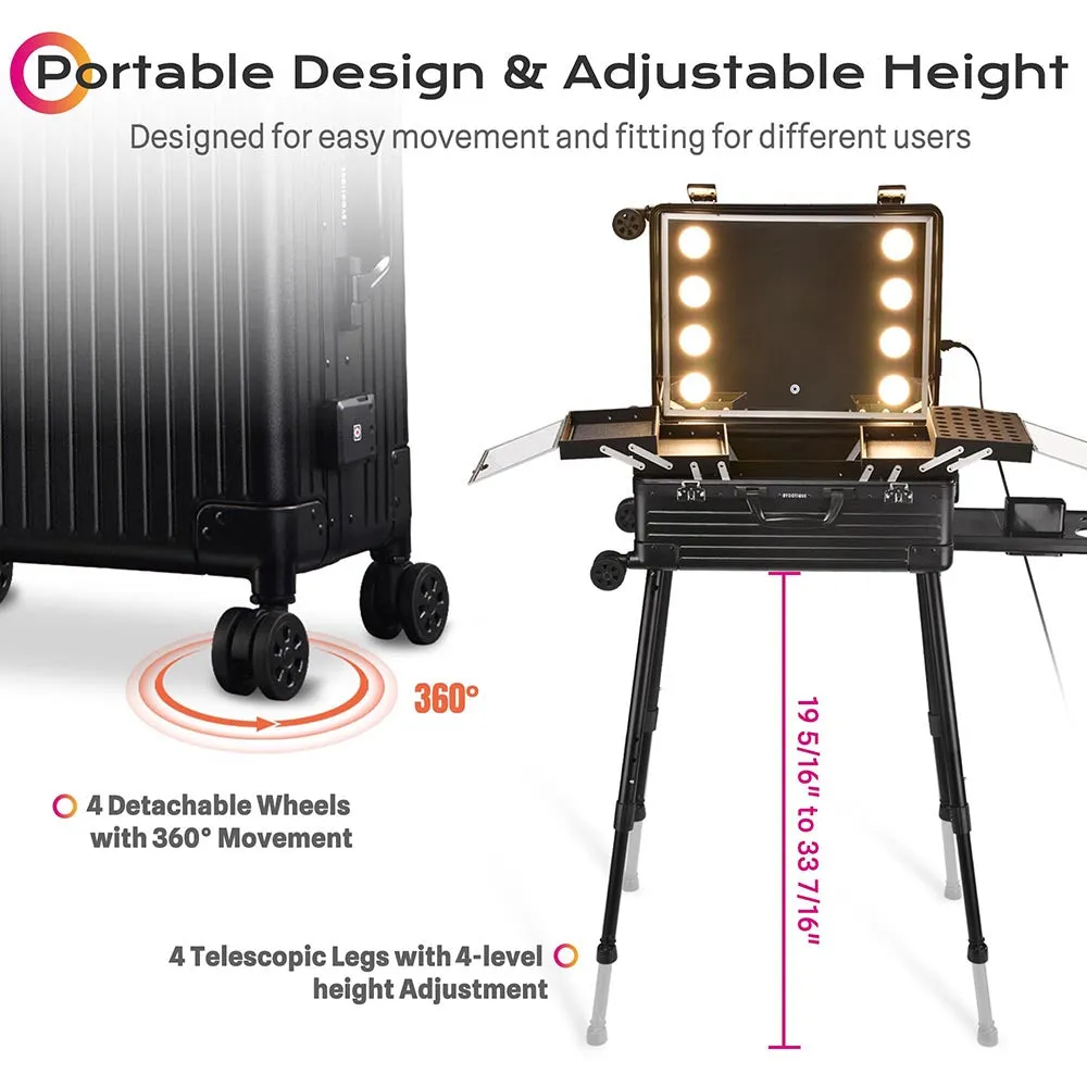 17x10x23in Rolling Makeup Train Case with Lights & Stand