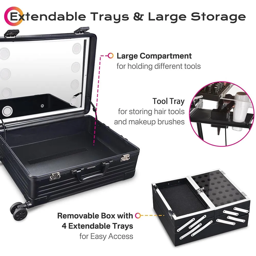 17x10x23in Rolling Makeup Train Case with Lights & Stand