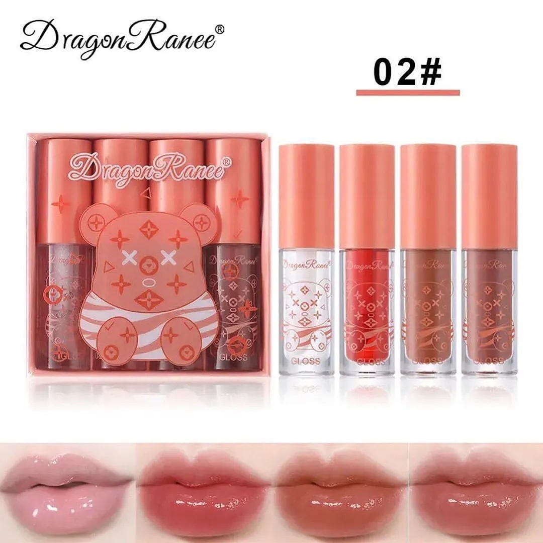4pcs Bear Lipgloss Beauty Mirror Crystal Jelly Moisturizing Lipgloss