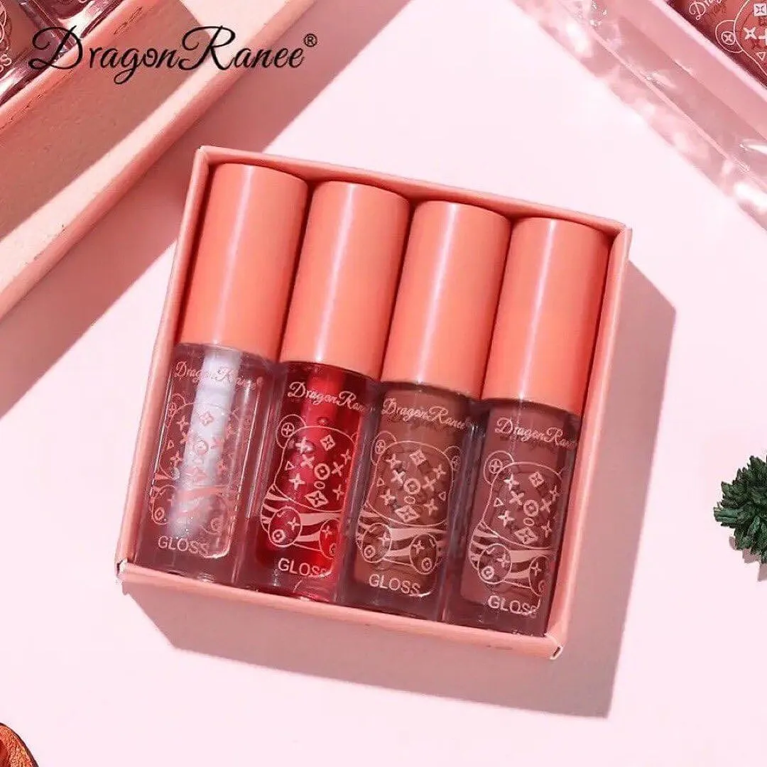 4pcs Bear Lipgloss Beauty Mirror Crystal Jelly Moisturizing Lipgloss