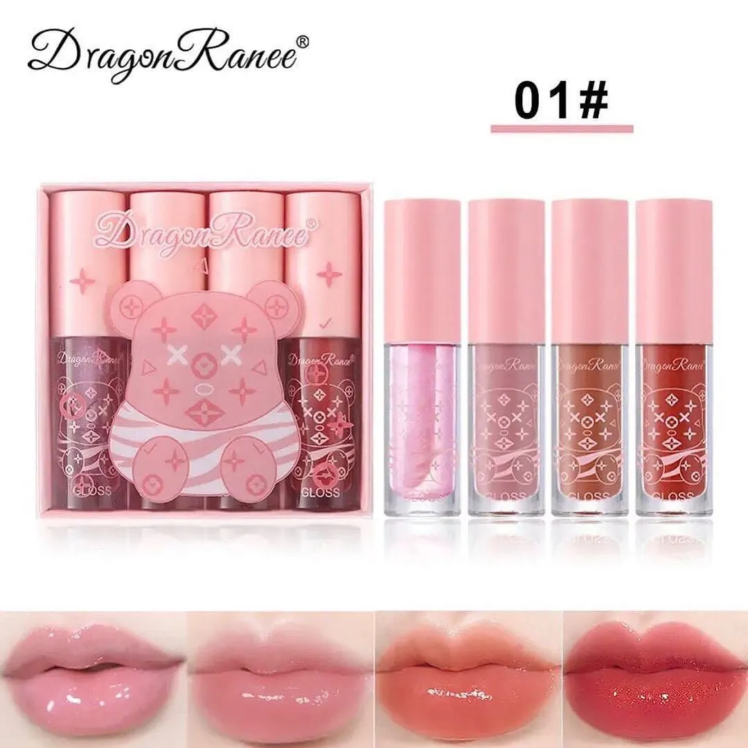 4pcs Bear Lipgloss Beauty Mirror Crystal Jelly Moisturizing Lipgloss