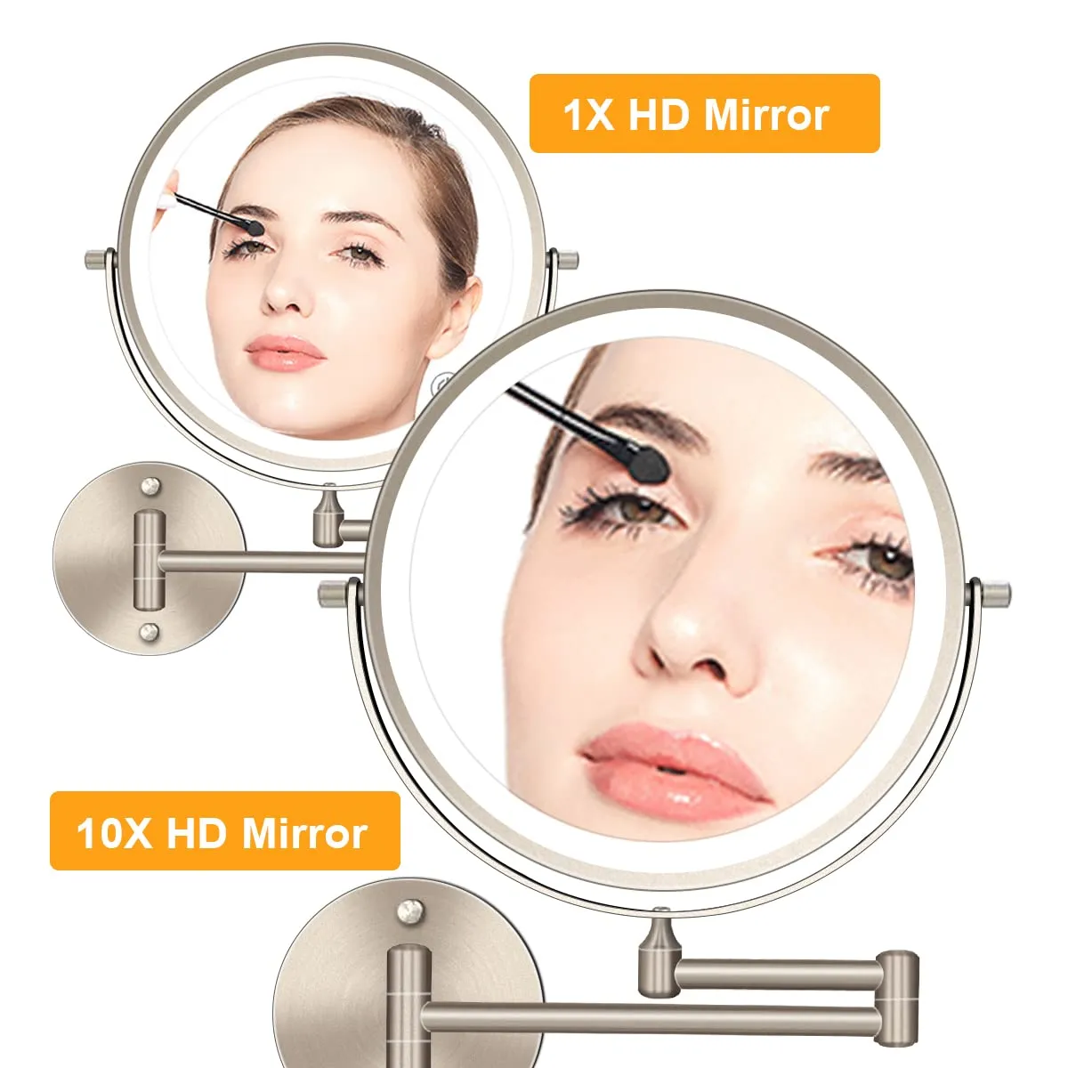 8 Inch Wall Mounted Makeup Mirror Adjustable LED Light Touch Screen 1X/10X Magnifying Two Sided 360° Swivel Extendable Vanity Mirror for Bathroom Chrome Finished Powered by Batteries