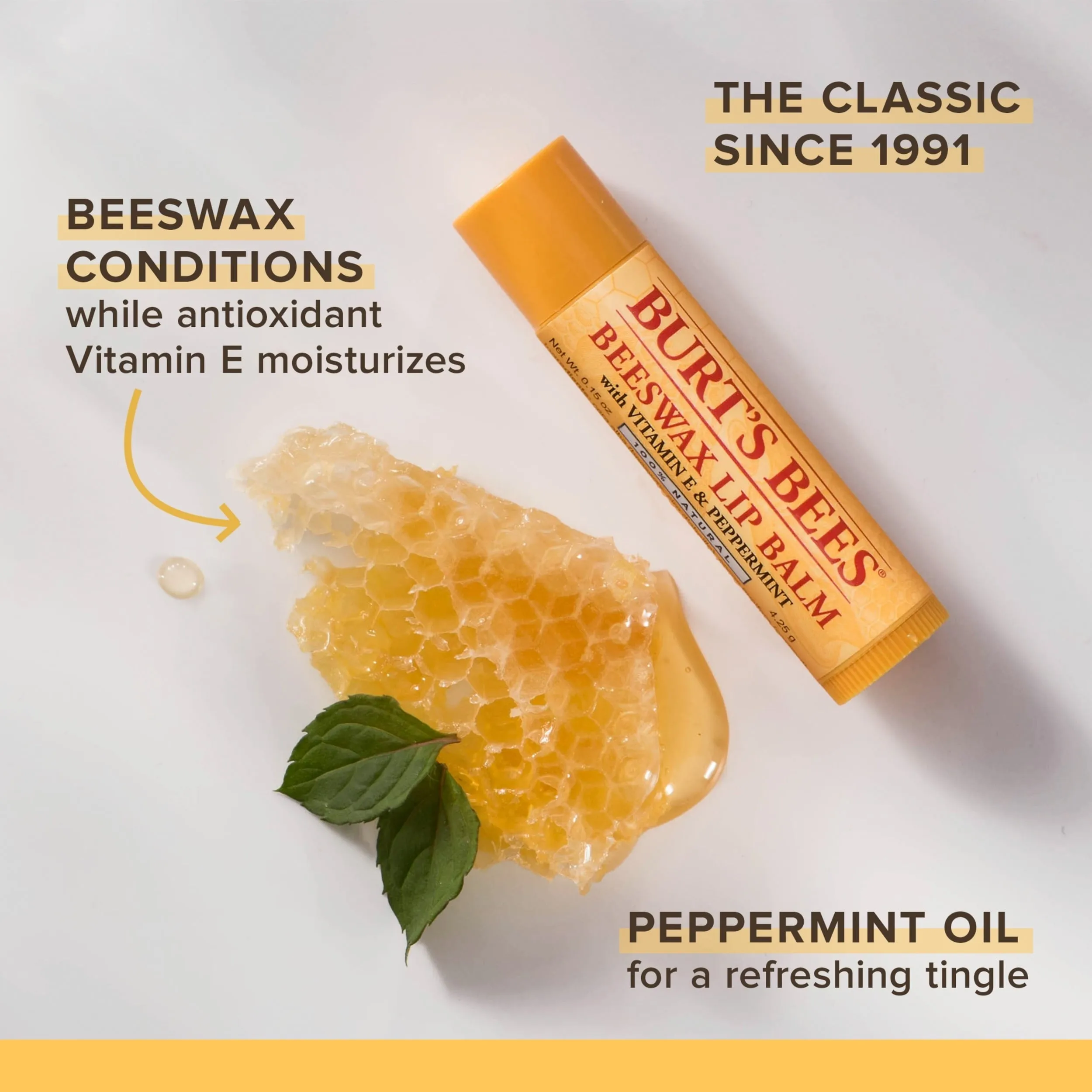 Burt's Bees 100% Natural  Moisturizing Lip Balm, with Beeswax, Vitamin E & Peppermint Oil, 1 Tube