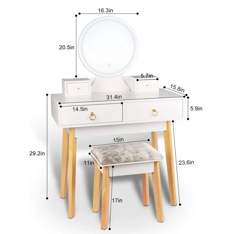 Dressing Table with Mirror LED Light Adjustanble Brightness Makeup Table Stool Set