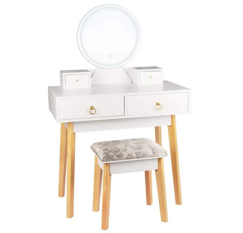 Dressing Table with Mirror LED Light Adjustanble Brightness Makeup Table Stool Set