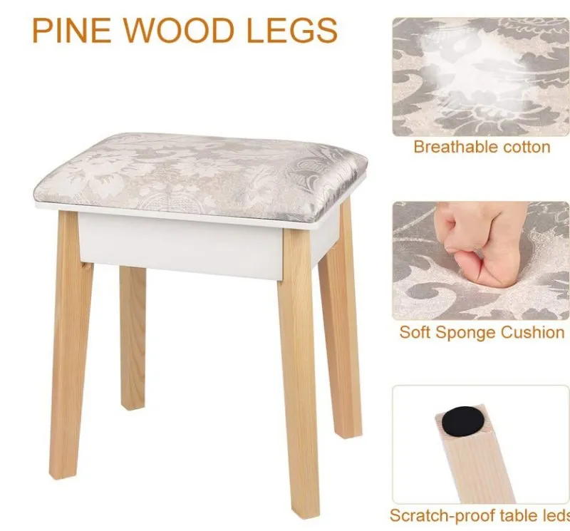 Dressing Table with Mirror LED Light Adjustanble Brightness Makeup Table Stool Set