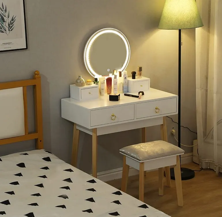 Dressing Table with Mirror LED Light Adjustanble Brightness Makeup Table Stool Set