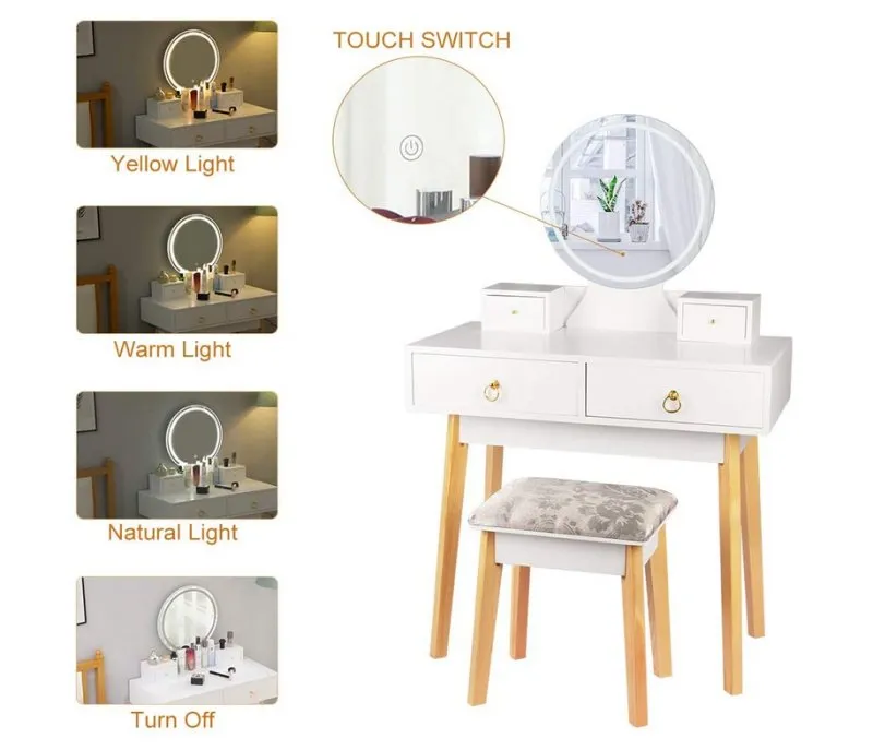 Dressing Table with Mirror LED Light Adjustanble Brightness Makeup Table Stool Set