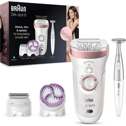 Epilator Silk-? Pil 9 for long-term hair removal with electric shaver and trimmer as well as Facespa facial epilator with facial cleansing brush attachment Se810 White, Braun