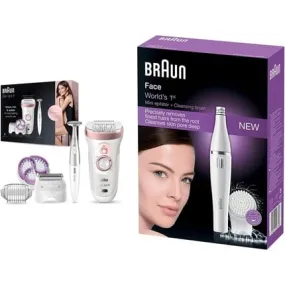 Epilator Silk-? Pil 9 for long-term hair removal with electric shaver and trimmer as well as Facespa facial epilator with facial cleansing brush attachment Se810 White, Braun