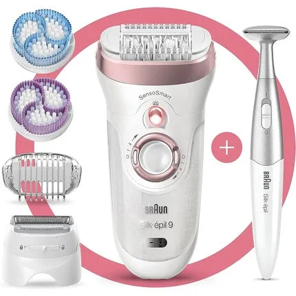 Epilator Silk-? Pil 9 for long-term hair removal with electric shaver and trimmer as well as Facespa facial epilator with facial cleansing brush attachment Se810 White, Braun