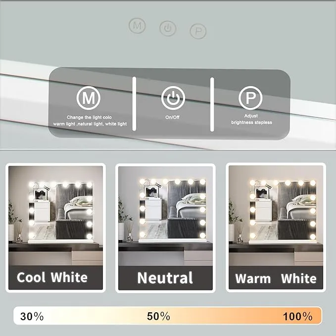 Hollywood LED Lighted Vanity| Makeup Mirror | Large Light Up Makeup Mirror with 14 Dimmable LED Bulbs 3 Lighting Modes | Touch Screen Control Tabletop | USB charging point | Wall Mounted Mirror for Dressing Table