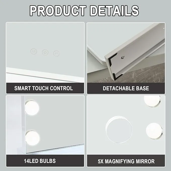 Hollywood LED Lighted Vanity| Makeup Mirror | Large Light Up Makeup Mirror with 14 Dimmable LED Bulbs 3 Lighting Modes | Touch Screen Control Tabletop | USB charging point | Wall Mounted Mirror for Dressing Table