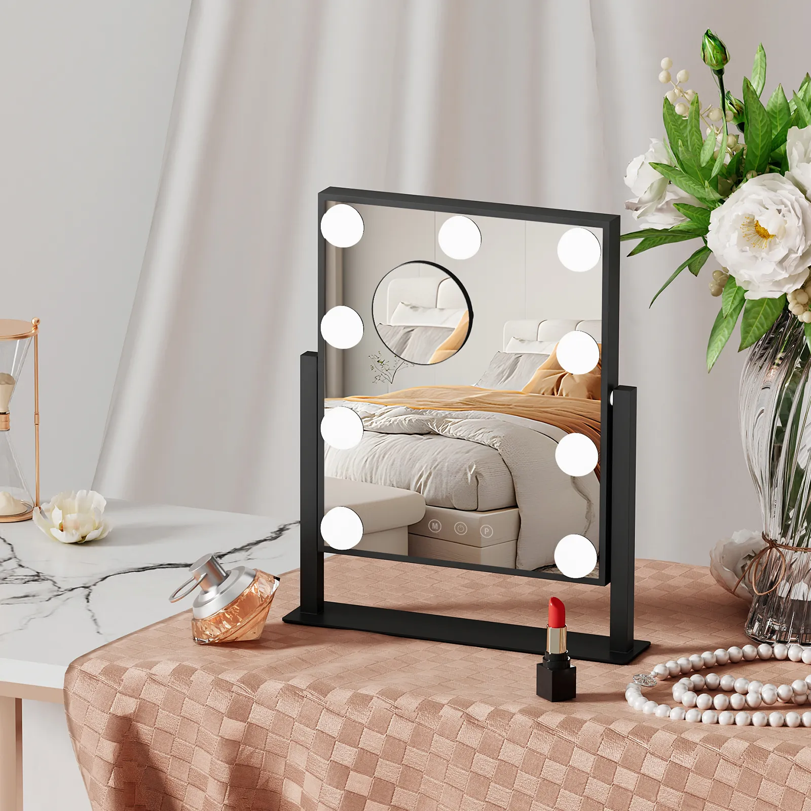 Rectangle 9 LED Plastic Bulb Vanity Mirror -  3 Color Lighting Mode - Brightness Adjustable - w/Detachable 5X Magnification Mirror