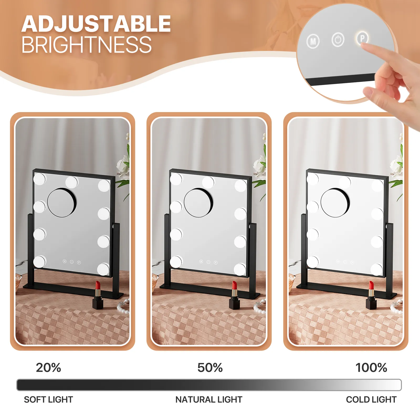 Rectangle 9 LED Plastic Bulb Vanity Mirror -  3 Color Lighting Mode - Brightness Adjustable - w/Detachable 5X Magnification Mirror