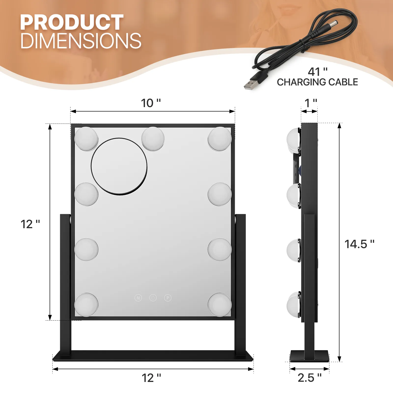 Rectangle 9 LED Plastic Bulb Vanity Mirror -  3 Color Lighting Mode - Brightness Adjustable - w/Detachable 5X Magnification Mirror