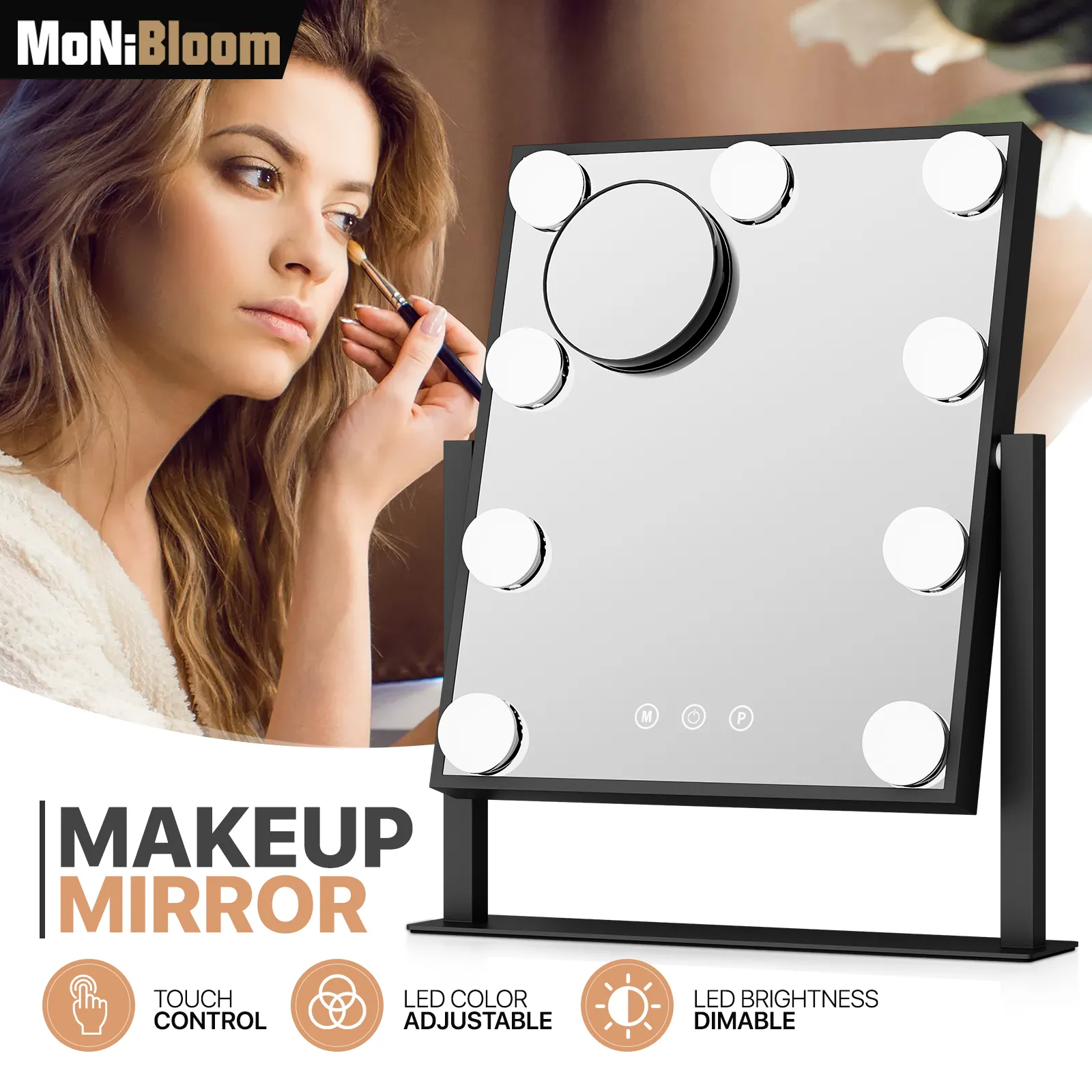 Rectangle 9 LED Plastic Bulb Vanity Mirror -  3 Color Lighting Mode - Brightness Adjustable - w/Detachable 5X Magnification Mirror