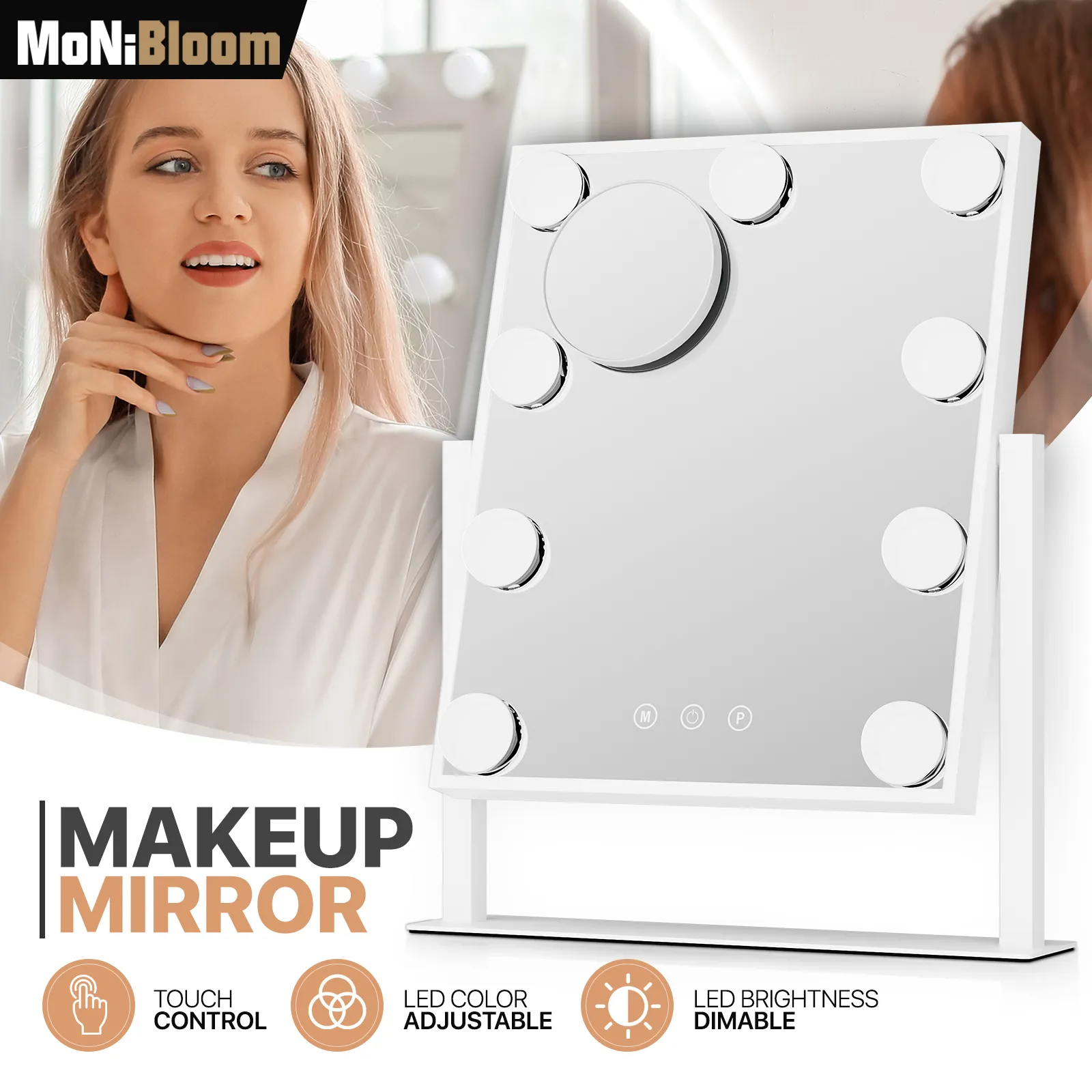 Rectangle 9 LED Plastic Bulb Vanity Mirror -  3 Color Lighting Mode - Brightness Adjustable - w/Detachable 5X Magnification Mirror