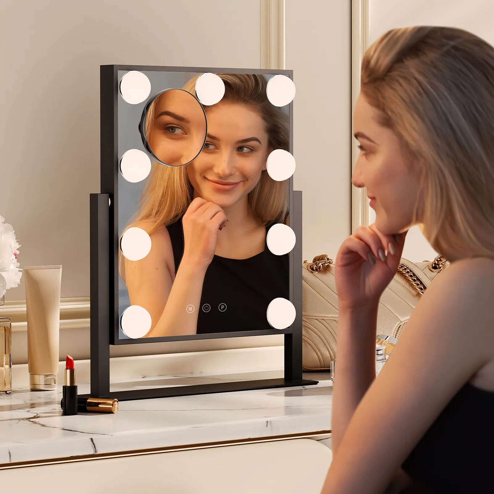Rectangle 9 LED Plastic Bulb Vanity Mirror -  3 Color Lighting Mode - Brightness Adjustable - w/Detachable 5X Magnification Mirror