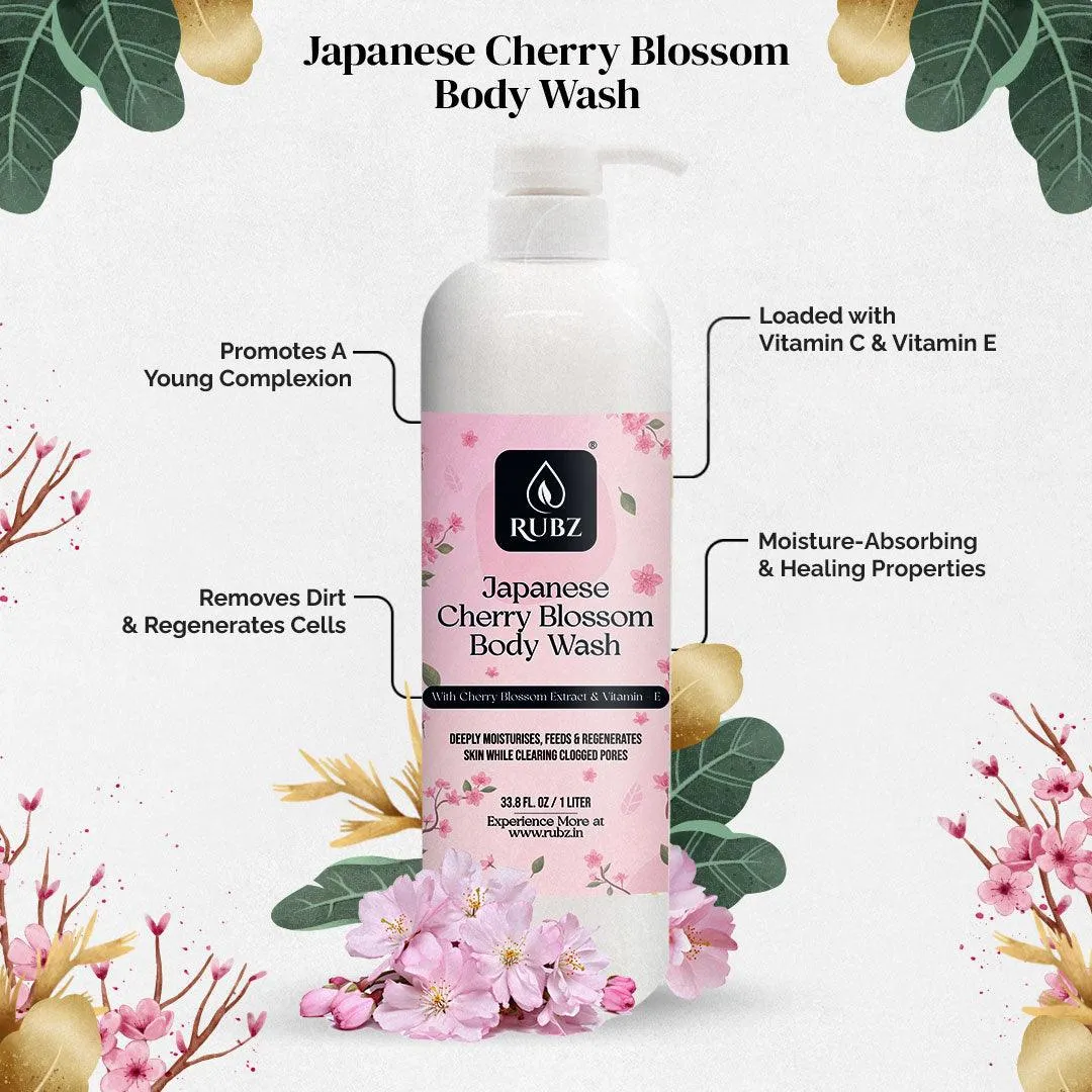 Rubz Japanese Cherry Blossom Body wash | Enriched With Glycerin & Long Lasting Fragrance | Soap-Free Body Wash For Women And Men | Paraben Free | SLS Free | 1 Litre