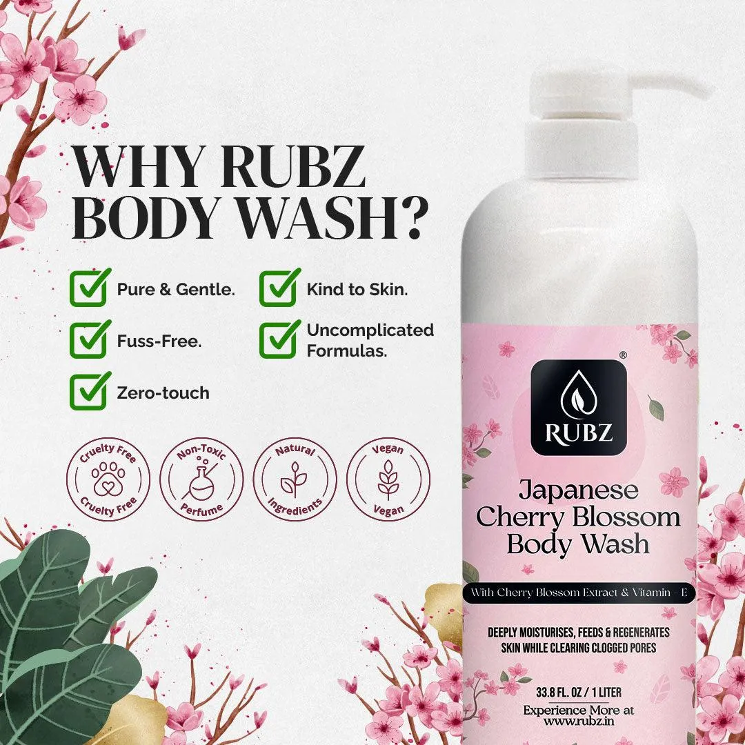 Rubz Japanese Cherry Blossom Body wash | Enriched With Glycerin & Long Lasting Fragrance | Soap-Free Body Wash For Women And Men | Paraben Free | SLS Free | 1 Litre