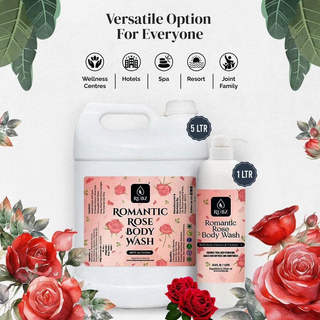 Rubz Romantic Rose Body Wash Refill Pack 5L | Liquid Soap | Shower Gel | with Refillable 500 ml Plastic Bottle | Best for Hotel, Spa, Salon, Joint Family | SLS Free | Paraben Free