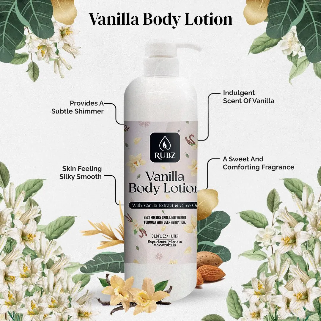 Rubz Vanilla Body Milk with goodness of Vanilla Extract 1 Kg | Bulk Body Lotion 1 Litre | Best for Hotel, Spa, Salon