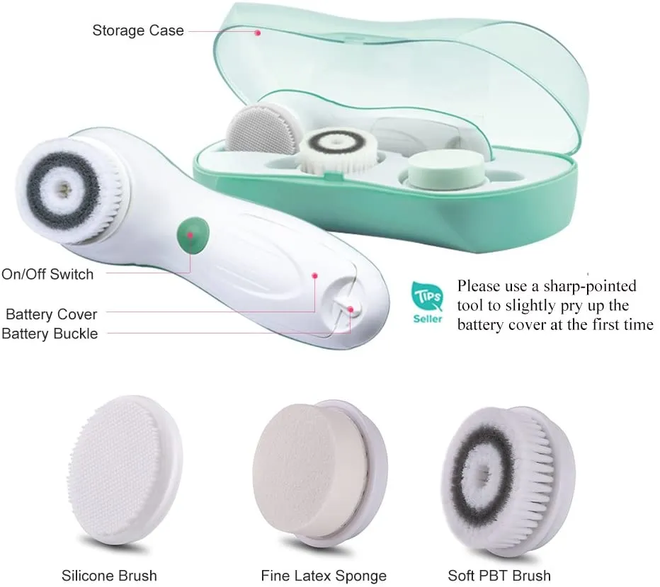 TouchBeauty 3-in-1 Facial Cleansing Brush Kit: 3 Replacement Brushes, 2 Speed Settings, and Storage Case (Model Tb-0759A)