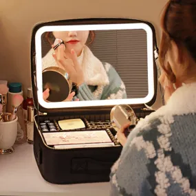 Travel Makeup Bag Portable Cosmetics Two-Level Beauty Case with LED Mirror