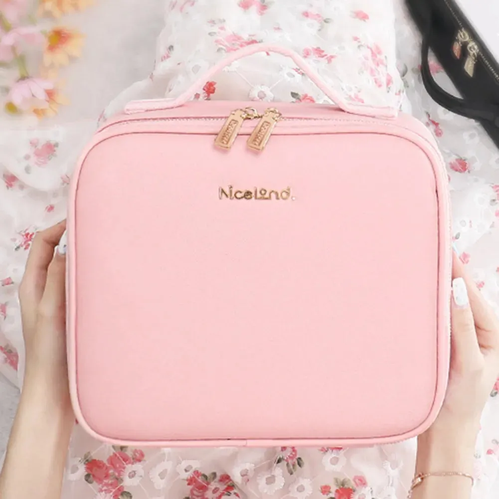 Travel Makeup Bag Portable Cosmetics Two-Level Beauty Case with LED Mirror