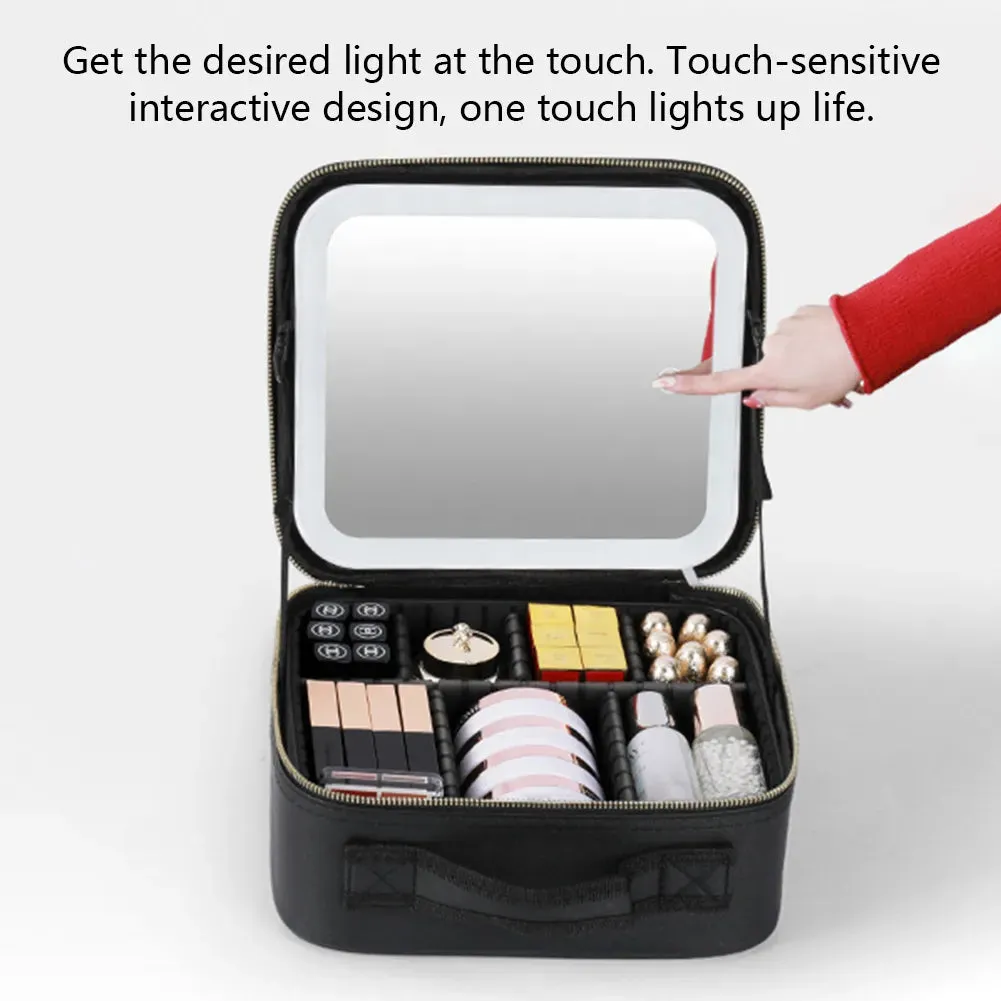 Travel Makeup Bag Portable Cosmetics Two-Level Beauty Case with LED Mirror