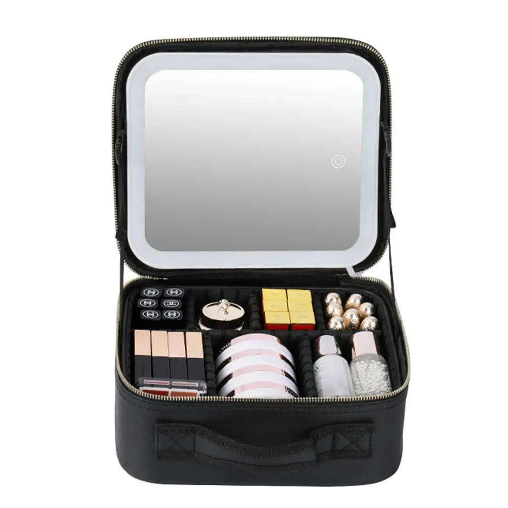 Travel Makeup Bag Portable Cosmetics Two-Level Beauty Case with LED Mirror