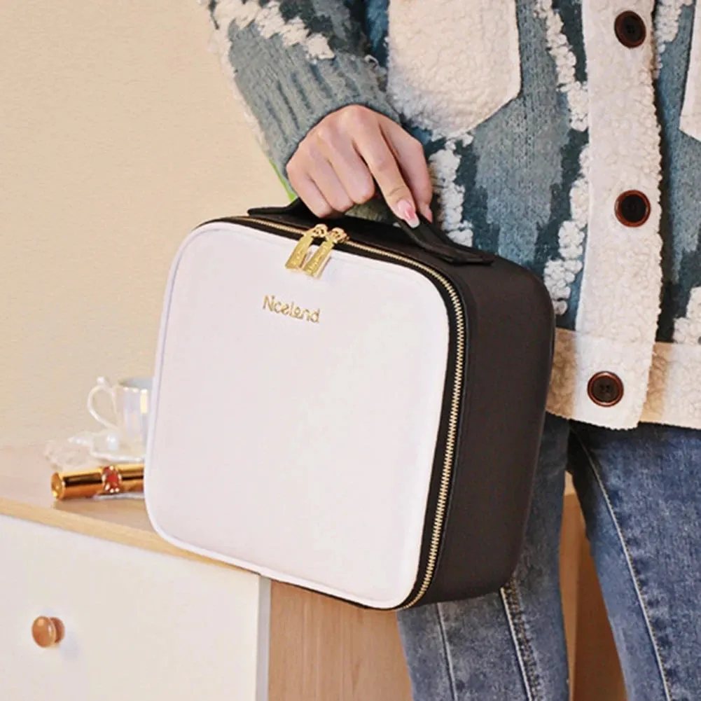 Travel Makeup Bag Portable Cosmetics Two-Level Beauty Case with LED Mirror