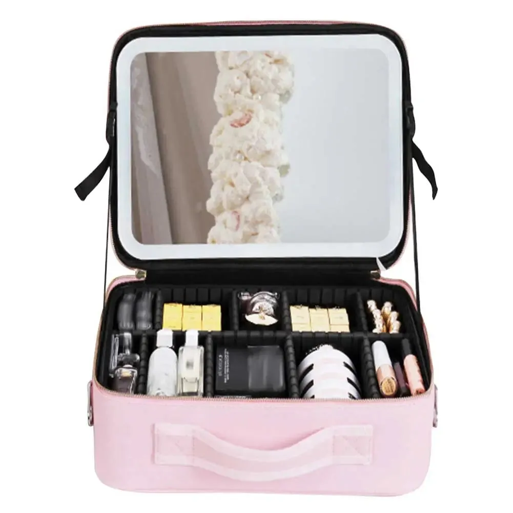 Travel Makeup Bag Portable Cosmetics Two-Level Beauty Case with LED Mirror