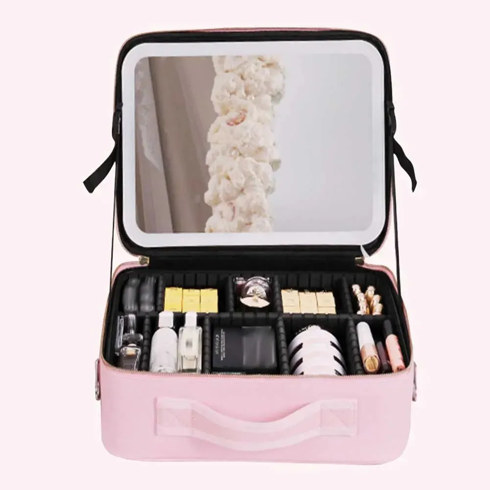 Travel Makeup Bag Portable Cosmetics Two-Level Beauty Case with LED Mirror
