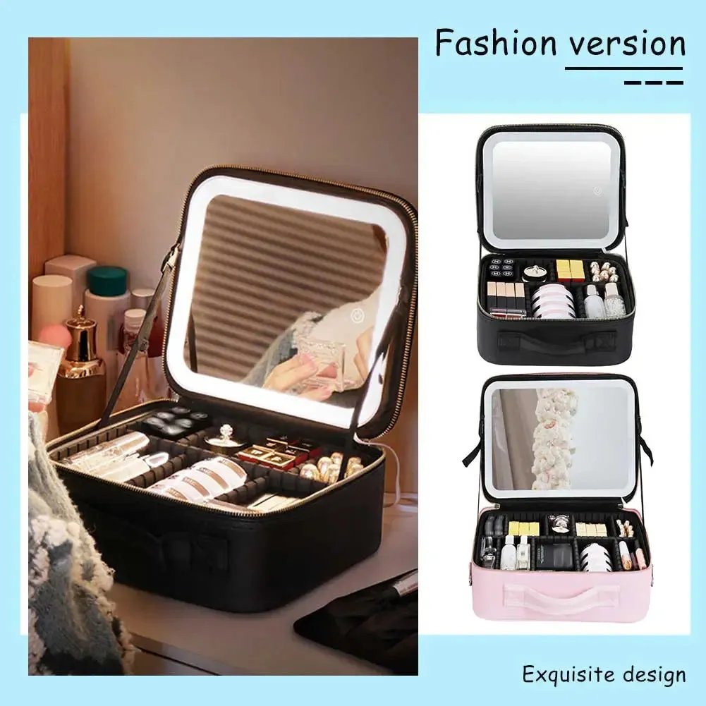 Travel Makeup Bag Portable Cosmetics Two-Level Beauty Case with LED Mirror