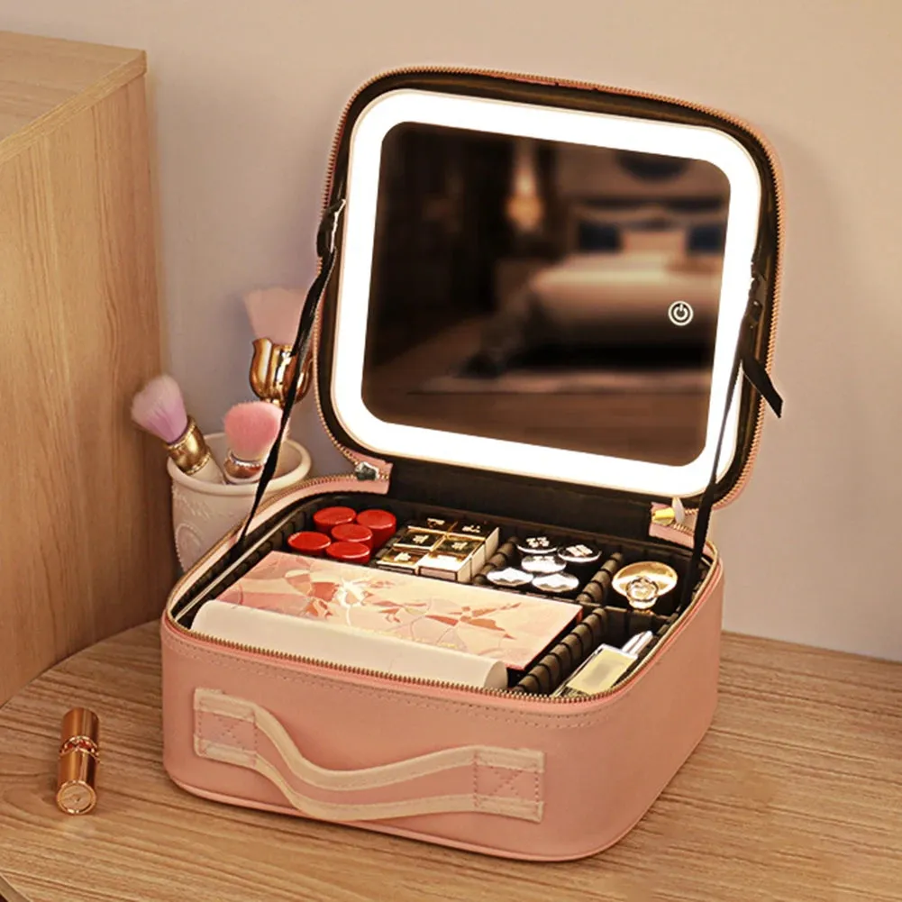 Travel Makeup Bag Portable Cosmetics Two-Level Beauty Case with LED Mirror