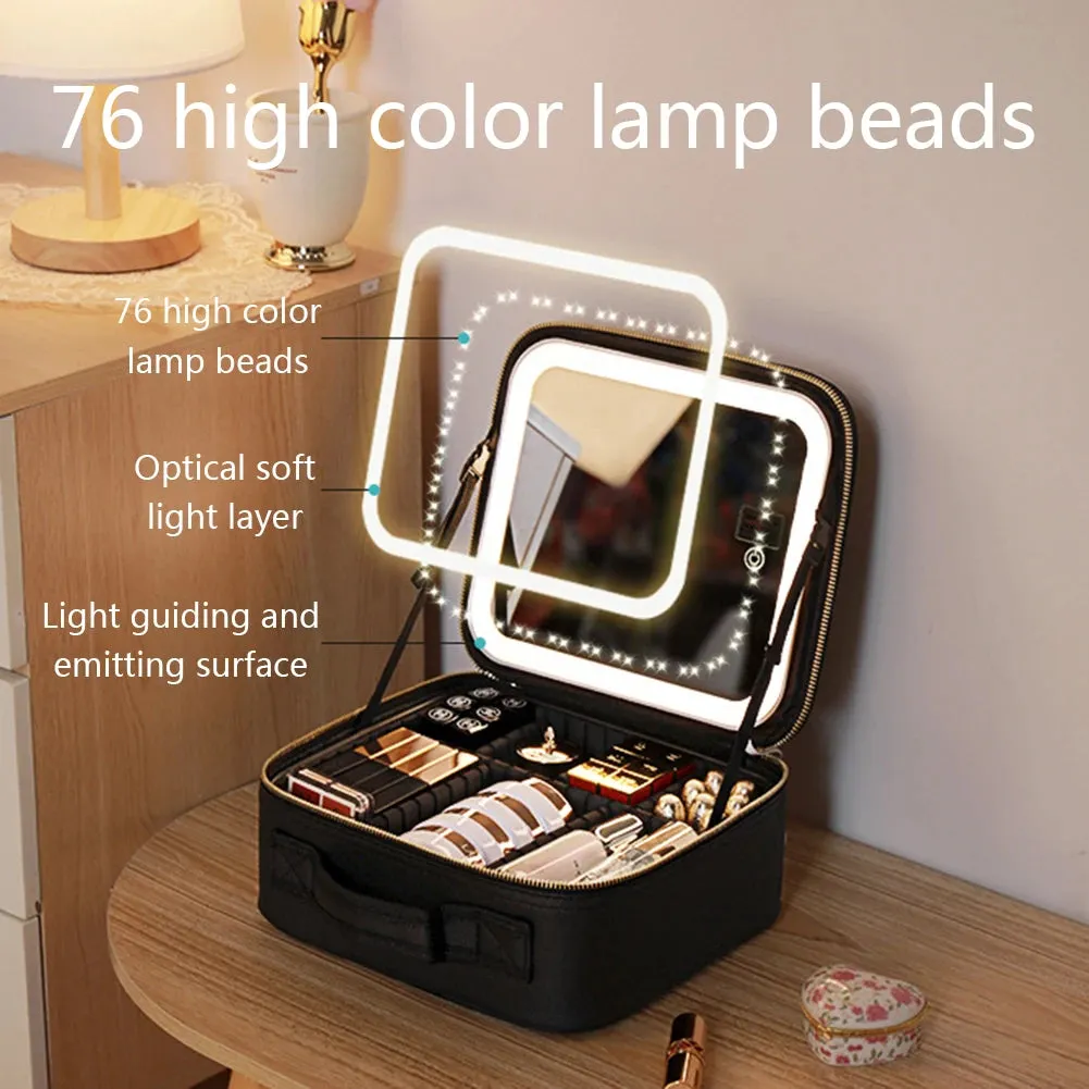 Travel Makeup Bag Portable Cosmetics Two-Level Beauty Case with LED Mirror