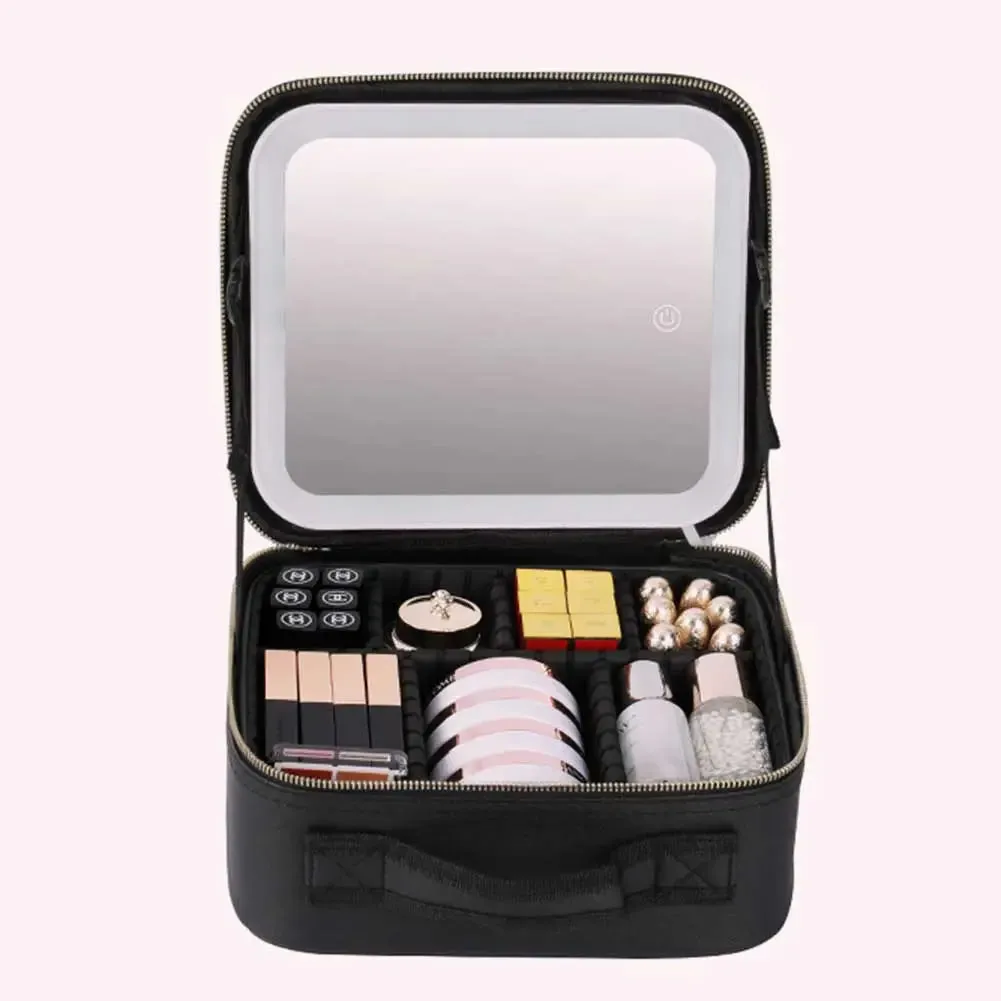 Travel Makeup Bag Portable Cosmetics Two-Level Beauty Case with LED Mirror