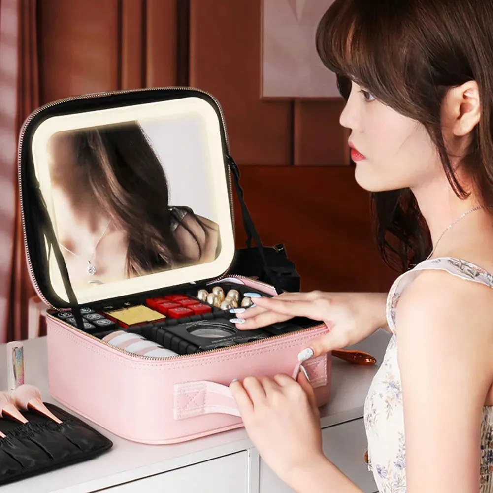 Travel Makeup Bag Portable Cosmetics Two-Level Beauty Case with LED Mirror