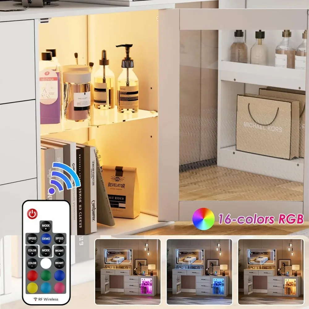White Makeup Vanity Desk with LED Mirror, Charging Station, and Storage Cabinet